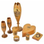 A collection of Mauchline Wares to include two bud vases 'Bridge of Allan', a large vase 'Wood Crown