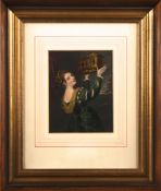 A late 19th century print of a lady in a green velvet dress holding a gilt grand tour box, mounted