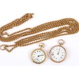 An attractive antique Continental gold longuard chain and two gold fob watches the fancy longuard