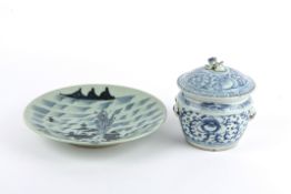 A Chinese Swatow blue and white painted pot and cover, late Ming 16th/17th Century the body with