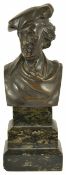 Bronze bust of a scholar raised upon a stepped green marble base, no markings, height 10 cm, total