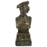 Bronze bust of a scholar raised upon a stepped green marble base, no markings, height 10 cm, total