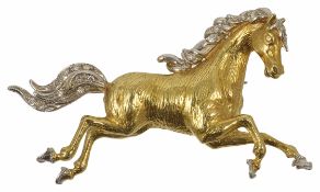 A Continental 18ct gold and diamond set stallion brooch the detailed body of yellow gold and with