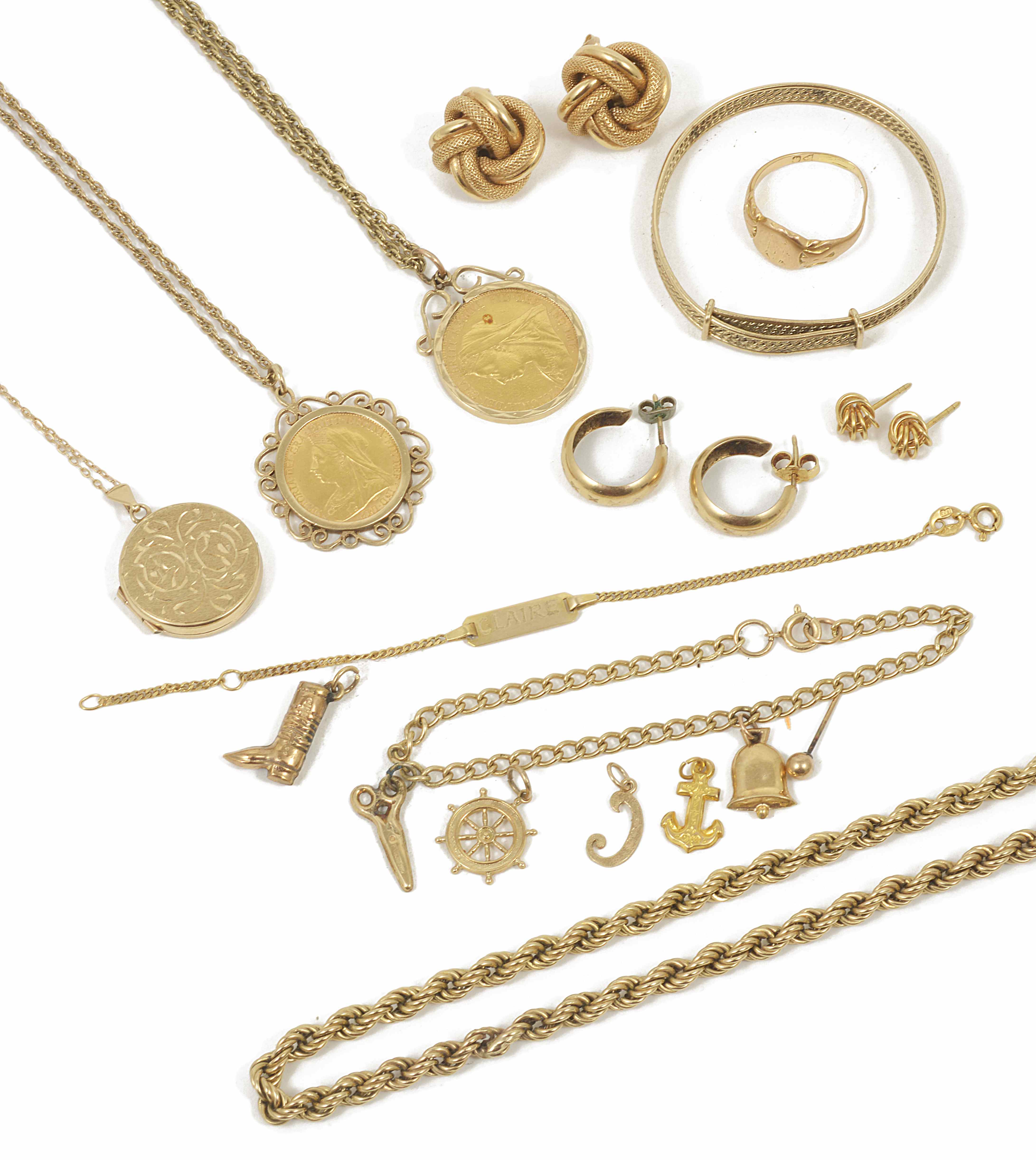 A collection of gold jewellery including a full and a half fine gold sovereign both sovereigns in