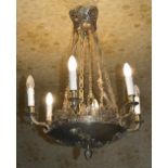 An Empire style six branch ceiling light, 20th century the central pierced leaf and finial ceiling