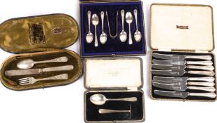 A Victorian cased set of silver teaspoons with sugar tongs, Sheffield 1894, comprising of six spoons