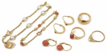 A small collection of Continental 18ct. gold coral and pearl set children's jewellery to include a