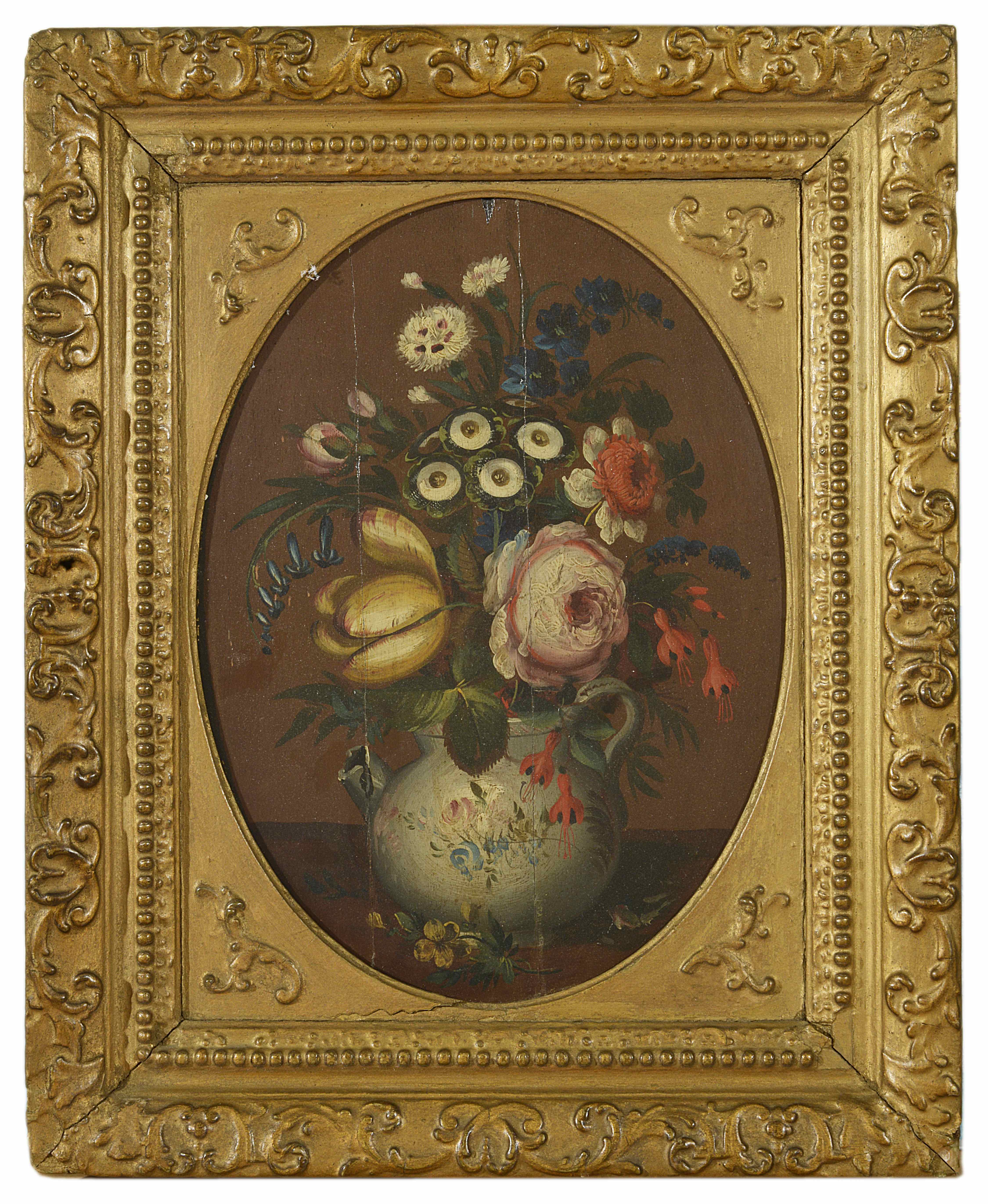 A Continental still life scene of a jug with flowers, the oval shaped panel depicting a jug