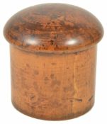 A fruit wood cylindrical tea caddy, early 20th century of cylindrical form with dome twist off