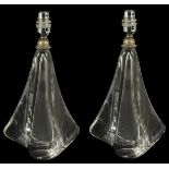 A pair of Val St Lambert table lamps of clear glass wavy shaped, signature to bases, (2) total