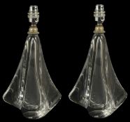 A pair of Val St Lambert table lamps of clear glass wavy shaped, signature to bases, (2) total