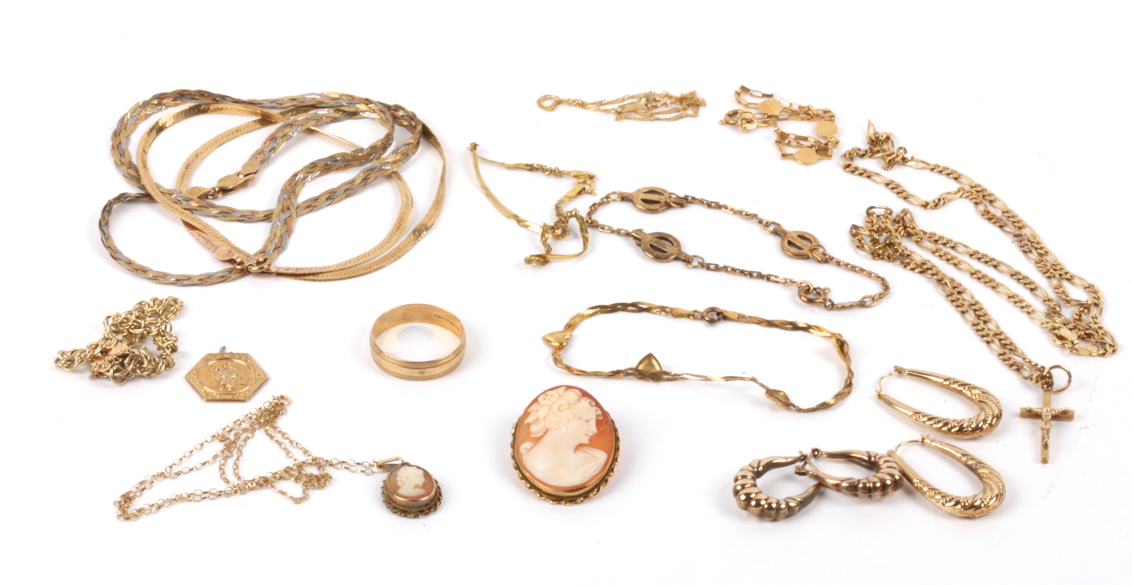 A small collection of Continental 9ct gold jewellery to include to flat woven mesh necklaces, a