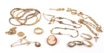 A small collection of Continental 9ct gold jewellery to include to flat woven mesh necklaces, a