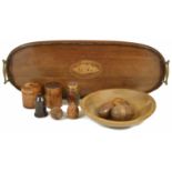 An Edwardian mahogany and inlaid tray, of oval form with twin handles with central conch shell,