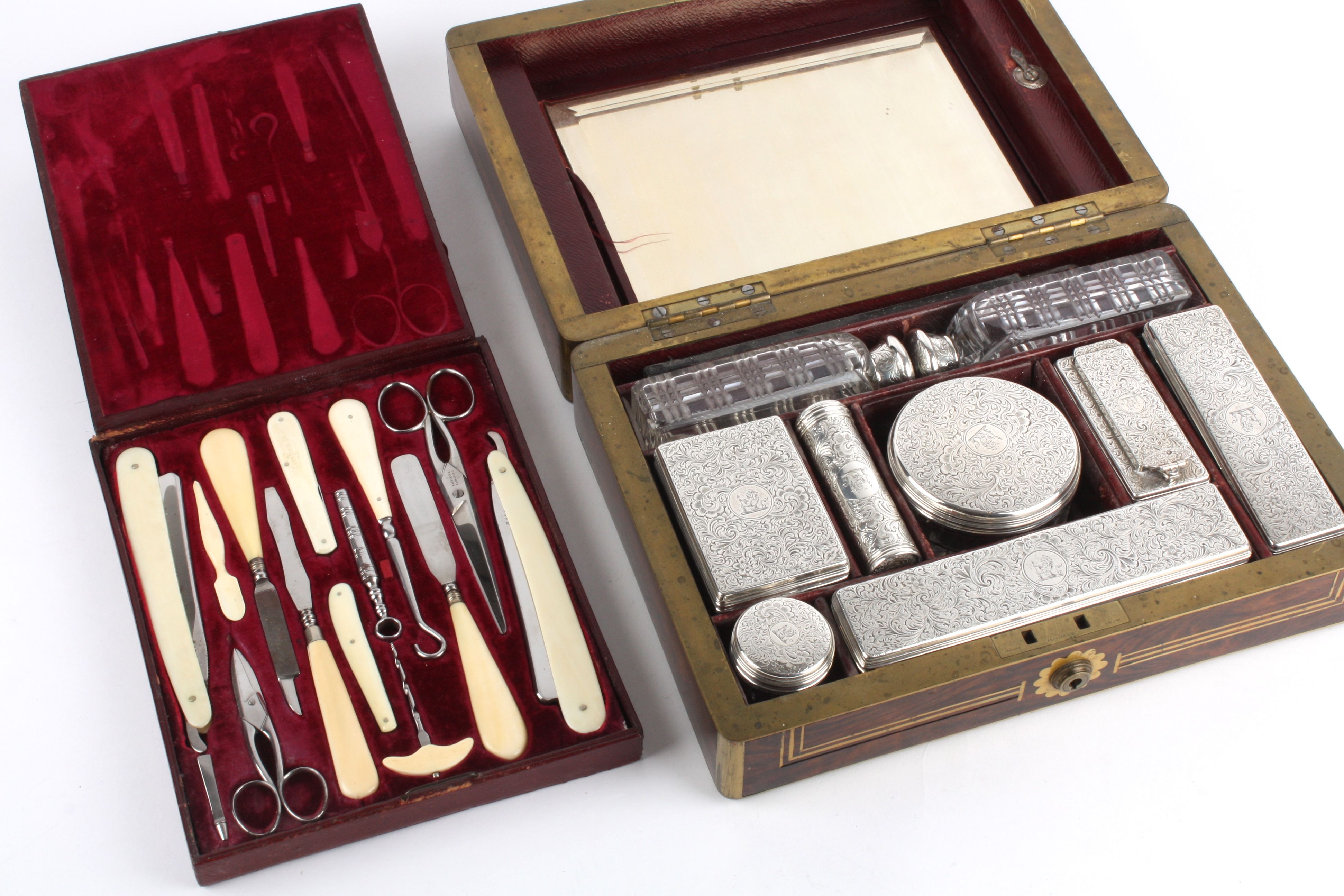 A good gentleman's Victorian fitted travelling rosewood dressing box the exterior with brass - Image 2 of 4