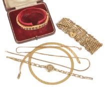 A small collection of gold jewellery to include an Italian 14K gold simple flat weave necklace, a