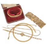 A small collection of gold jewellery to include an Italian 14K gold simple flat weave necklace, a