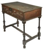 An oak box on stand, late 17th century and later of rectangular form with metal strap hinged plank