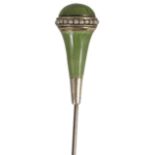 A guilloche enamel and seed pearl hat pin circa 1910, the tapered finial with rounded end with