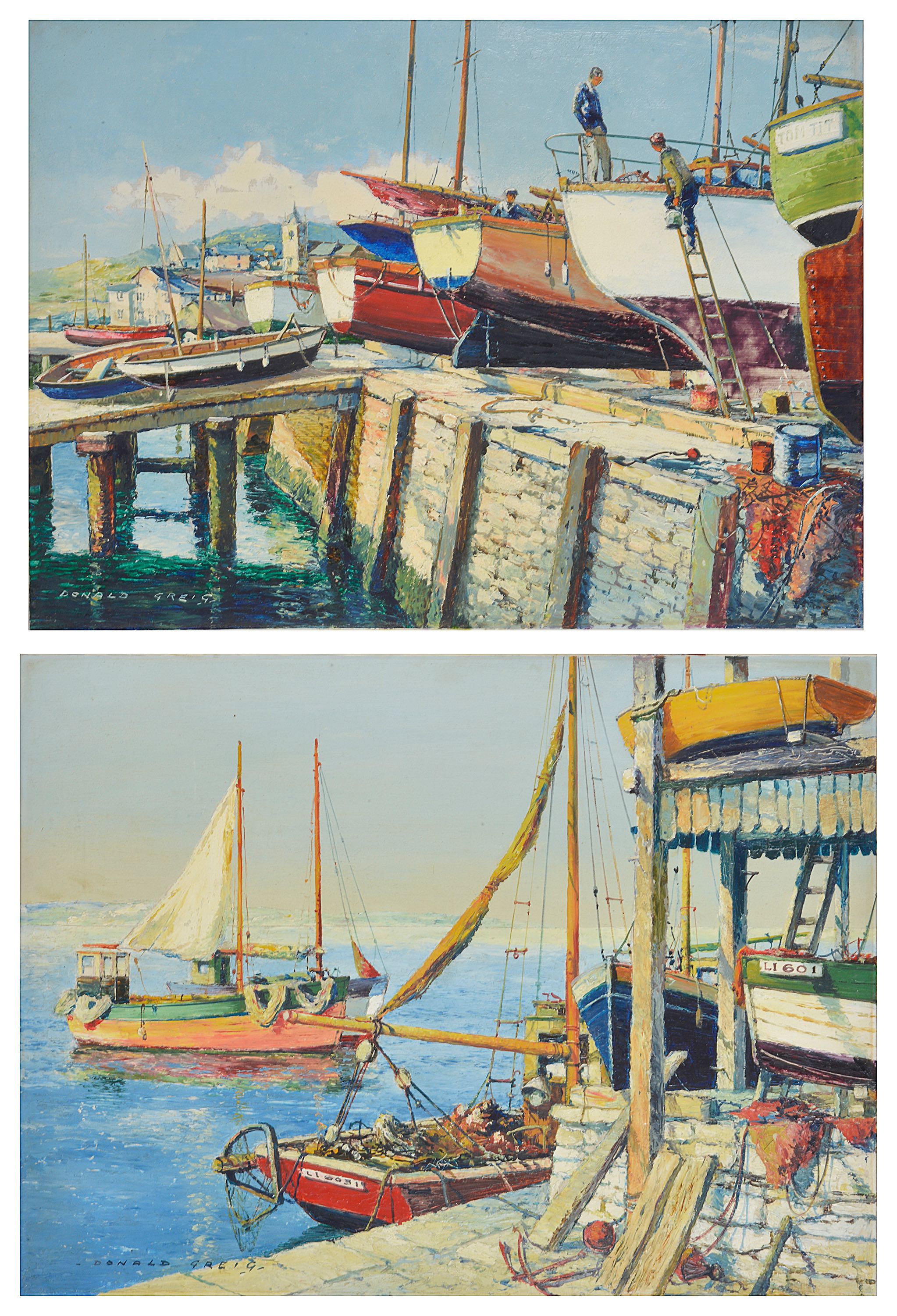 Donald Greig (British 1916 - 2009) two colourful scenes of trawlers moored to the dock and boats out