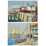 Donald Greig (British 1916 - 2009) two colourful scenes of trawlers moored to the dock and boats out