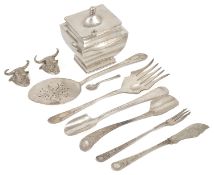 A small collection of silver plated items including a plated tea caddy, two bull knife rests, fish