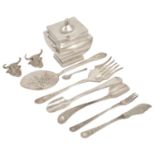 A small collection of silver plated items including a plated tea caddy, two bull knife rests, fish