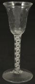 Three 18th century Cordial glasses the first example with trumpet bowl of dimpled glass above an