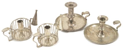 Two pairs of silver plated chamber sticks, one matched pair with gadrooned circular borders and