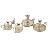 Two pairs of silver plated chamber sticks, one matched pair with gadrooned circular borders and