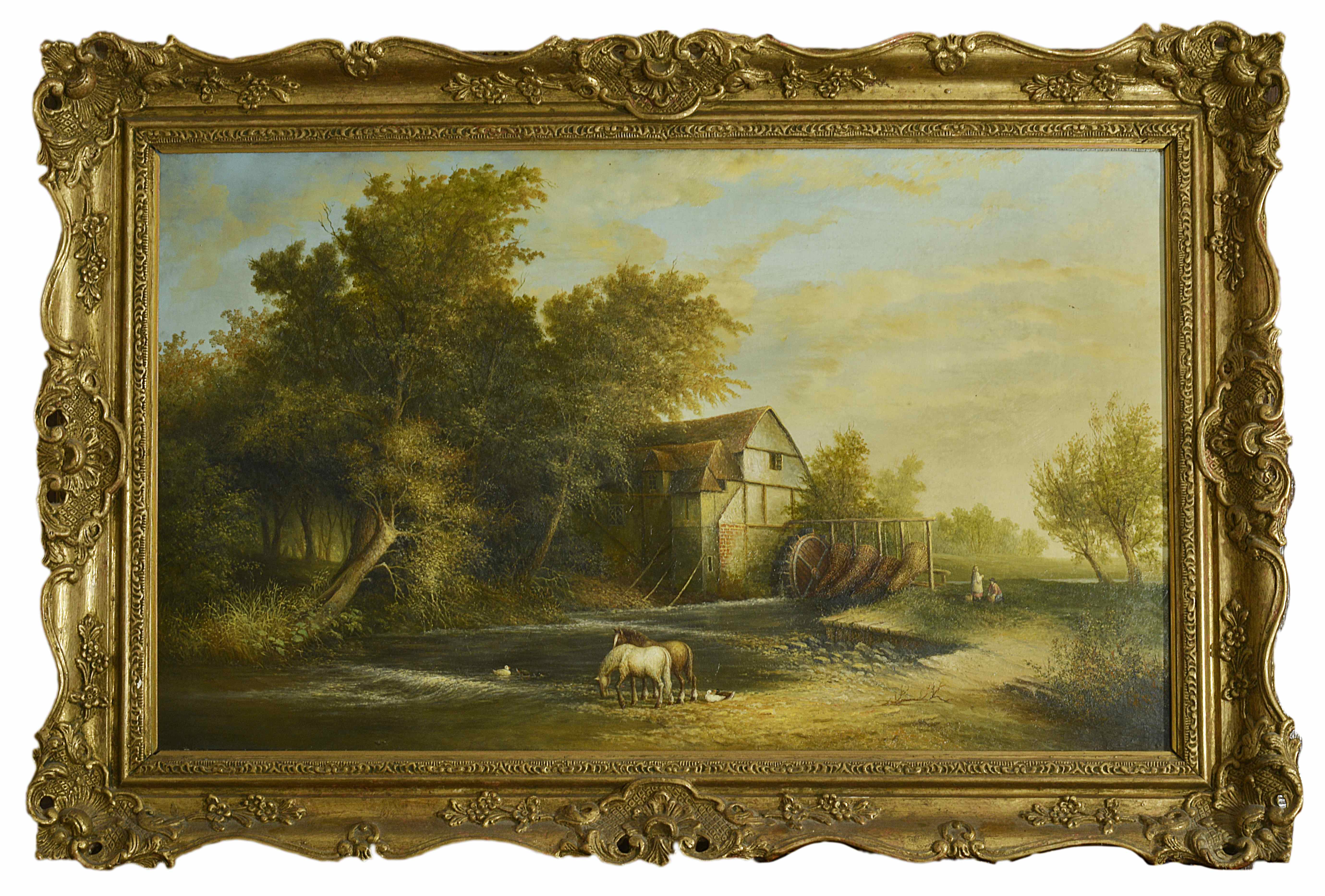 School of Constable, 19th Century large oil on board Farmhouse, pond with ducks and horses and