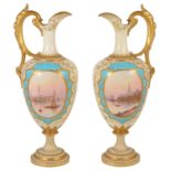 A pair of Coalport Ewers, painted by Arthur Bowdler, late 19th/early 20th century, both ewers of