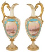 A pair of Coalport Ewers, painted by Arthur Bowdler, late 19th/early 20th century, both ewers of