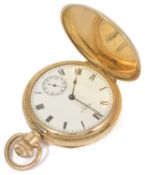 A Waltham USA 10ct gold plated full hunter pocket watch the white enamel dial with Roman numeral