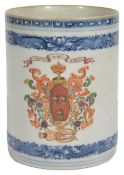 An 18th Century Chinese porcelain armorial tankard, circa 1780 the blue and white porcelain