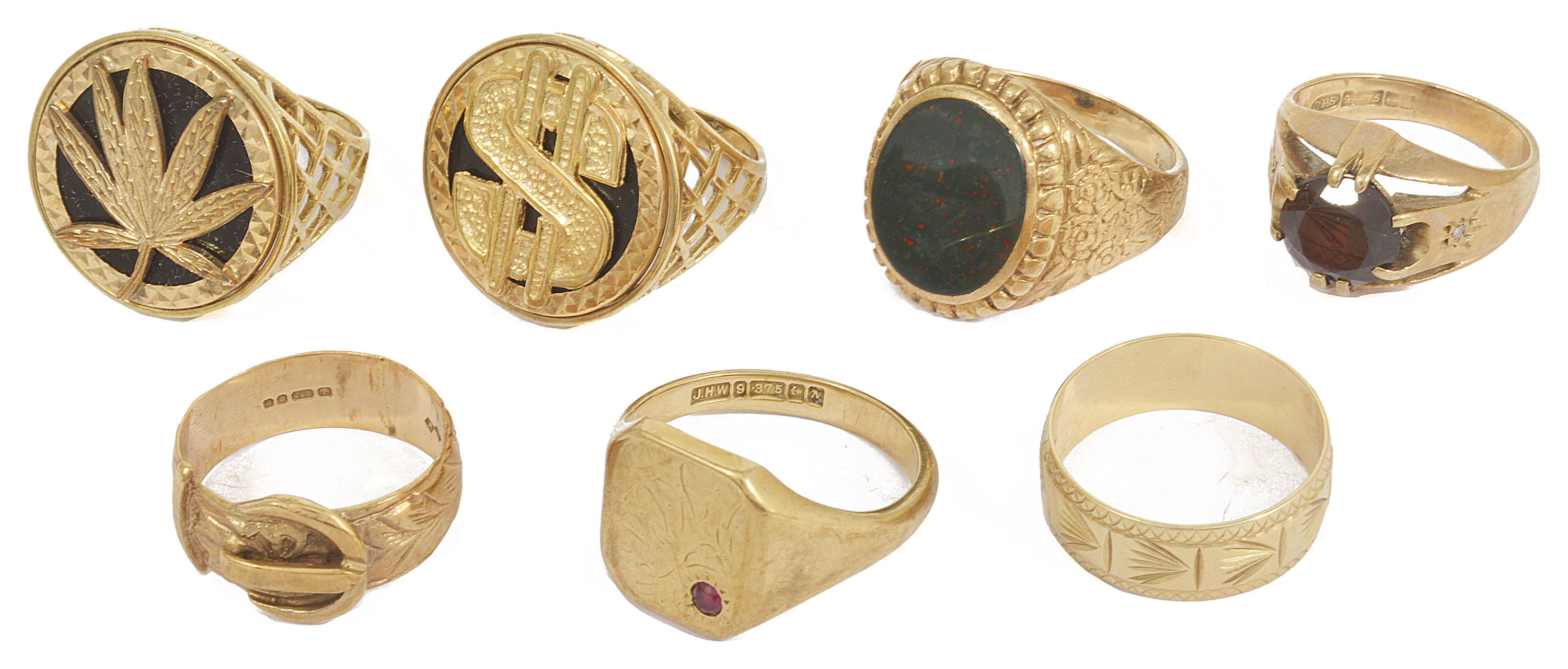 A collection of seven various gentlemen's gold rings to include two large 9ct gold onyx rings one