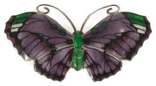 An Art Deco silver and guilloche enamel butterfly brooch by John Atkins & Sons the wings in shaded