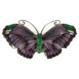 An Art Deco silver and guilloche enamel butterfly brooch by John Atkins & Sons the wings in shaded