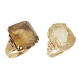 Two large contemporary yellow gem set stone gold mounted dress rings one of sherry colour and