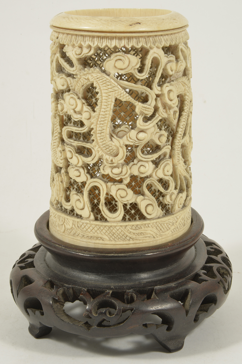 A Chinese 19th century carved ivory brush stand the cylindrical shaped holder carved with several - Image 2 of 4