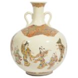 A Japanese Satsuma bulbous bottle vase, circa 1890 the cream ground painted with a continual