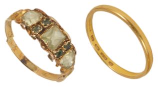 An early 18th century green gem set fancy ring a.f. mount tests for gold, together with a 22ct