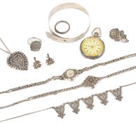 A small collection of mainly silver and marcasite vintage jewellery to include two white metal