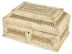 A 19th century Indian bone and wooden casket of sarcophagus form, the wooden casket overlaid with