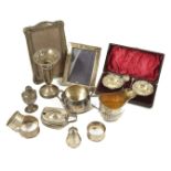 A collection of assorted silver including tableware comprising two photo frames, a pair of cased