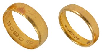 A 22ct gold Victorian wedding band together with another 22ct band Chester 1888 and Birmingham