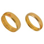 A 22ct gold Victorian wedding band together with another 22ct band Chester 1888 and Birmingham