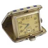 A Juvenia silver blue and white striped travelling clock of rectangular form with clasp and hinge