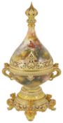 An impressive Royal Worcester pedestal pot pourri twin handled holder, painted by William Powell,