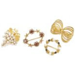 Three contemporary gold and gem set brooches one set with cultured pearls in the form grapes on